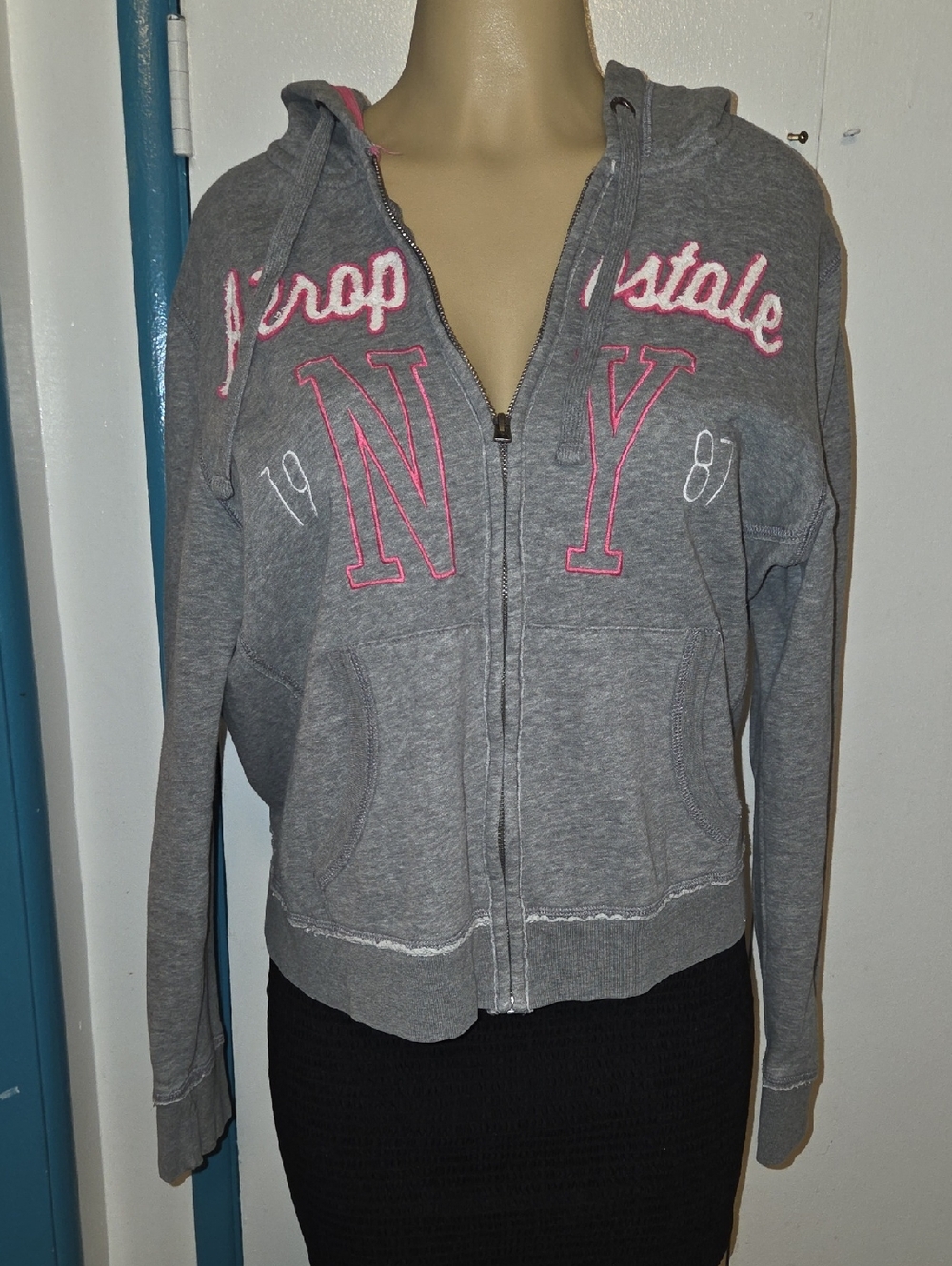Aeropostale Gray Zip Hoodie with Pink NY Appliqué